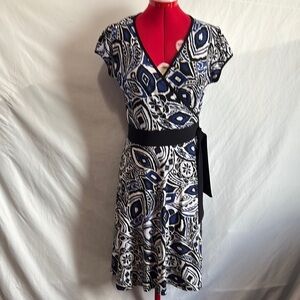 Black and White Fit and Flare Midi Dress with Flutter Sleeves